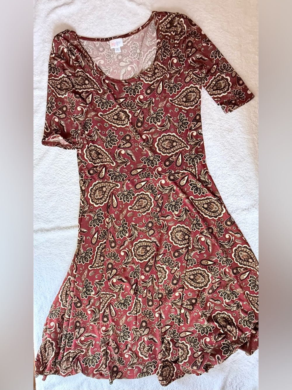 LuLaRoe Paisley Scoop Neck Midi Dress in Rust and Cream